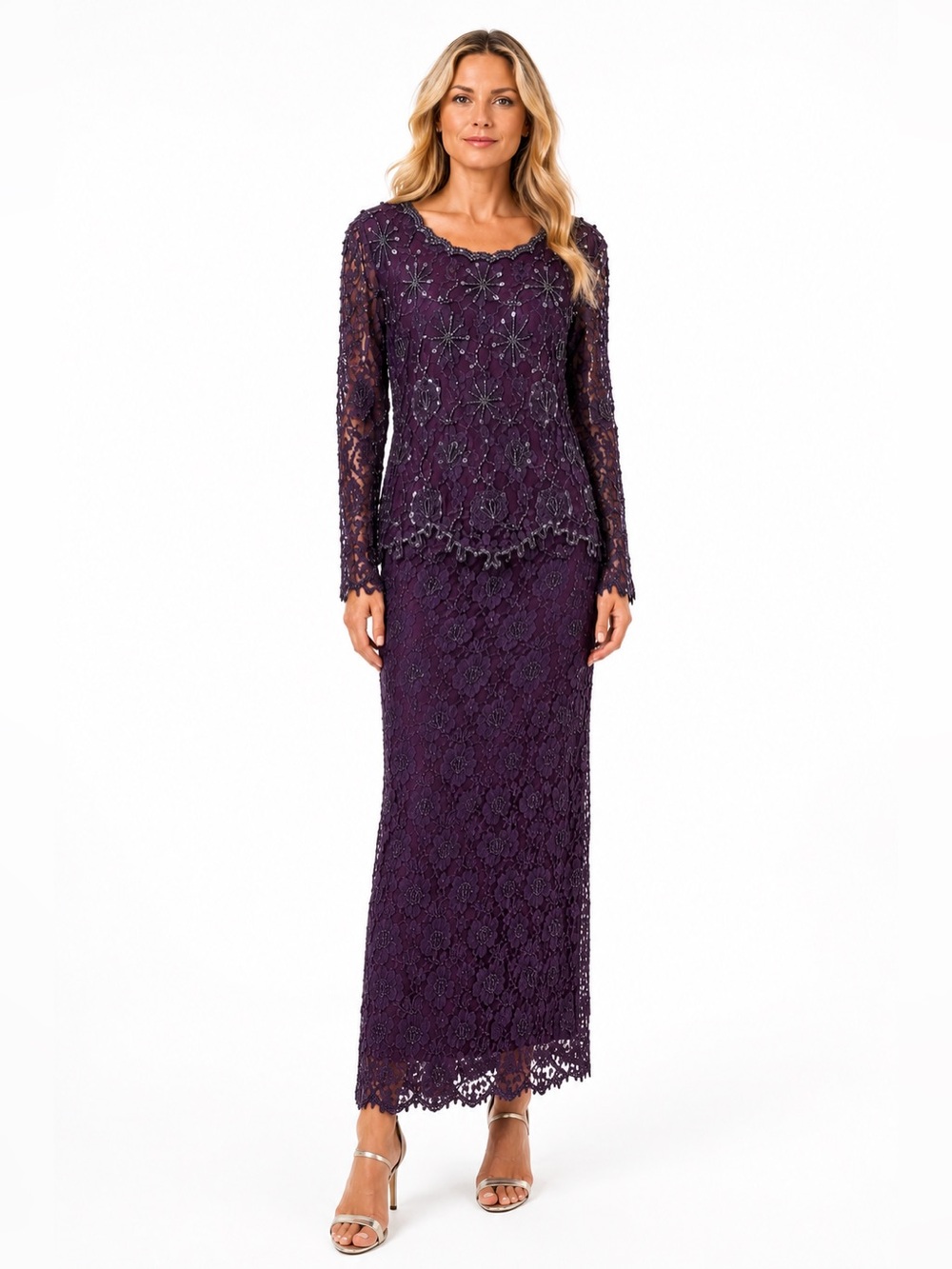 SCALA Purple Beaded Lace Evening Gown Dress Size L Formal Mother of Bride